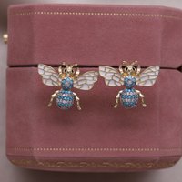 Korean new design fashion jewelry two-color plated bee enamel blue zircon earrings elegant women's daily work accessories