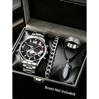 Casual Fashion Men's Quartz Watch Set with Bullet Head Pendant Calendar Function Birthday Gift Versatile for Daily Wear