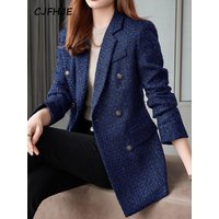 CJFHJE Navy Blue Winter Tweed Blazers Coat Women Thick Warm Long Sleeve Button Elegant Lady Jacket Coat Double-Breasted Overcoat