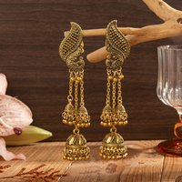 Vintage Peacock Long Tassel Earrings Indian Jhumka Jhumki Women's Gold Color Carved Bell Drop Earrings Bridal Jewelry
