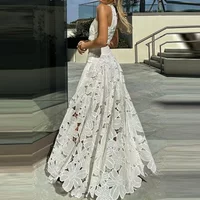 2025 Lace Hollow Loose Women's 2 Piece Set Fashion O-neck Sleeveless Top with Long Skirt Suit Sexy Exposed Navel Holiday Outfit