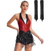 Womens Tassel Jazz Latin Dance Leotard Performance Costume Halter Sparkly Sequins Fringe Jumpsuit with Gloves Adults Dancewear