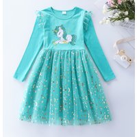 Mädchen Herbst Neue Baumwolle bestickt Cartoon Einhorn Mesh Kleid