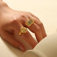 Dainty 18K Gold Plated Stainless Steel Turquoise Zircon Rings Lava Hammered Texture Evil Eyes Rectangle Rings Jewelry