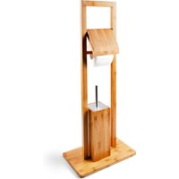 Ensemble de toilettes, avec brosse de toilette et porte-papier toilette, pour la salle de bain, en bambou, en acier inoxydable et en plastique, modèle autoportant, 82 x 36 x 21 cm, Relaxdays.