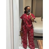 Elegant Pants and Blouse Set Summer Woman Sets Two Pieces Red Bohemian Style Suits Casual Ladies Set Wholesale Dropshipping