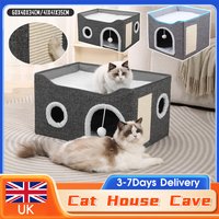 Semi-Enclosed Foldable Cat House Cave Bed with Double-Sided Scratch Pad Triple-Layer Warm Winter Bed for Kitty Kitten Small Pet