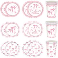 10/30/50Pcs Bow Paper Plates Cups Pink White Disposable Tableware Plate Girls Decor Coquette Bow Themed Birthday Party Supplies