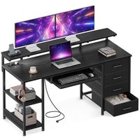 Coleshome Bureau avec 4 tiroirs, 140x52x92cm, bureau d'ordinateur avec prise électrique et port de chargement USB, bureau de jeu, table de bureau avec étagères réglables pour la maison, noir