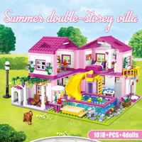1018Pcs City Scale Summer Villa House with Slide Double-storey Building Blocks Set Garden Flower Figures Bricks Toy for Friends
