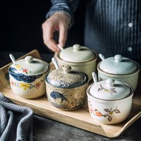 Japanese-Style Retro Porcelain Hand Painted Jar Salt Jar Gourmet Powder Can Box Household Kitchen with Seasoning Spoon