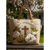 New Cat Pattern Quilted Tote Bag Large Capacity Floral Print Shoulder Tote Bag Durable 3D Shoulder Bag