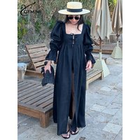 Oymimi Fashion Black Lace-Up Dresses 2025 Woman Elegant Square Neck Long Sleeve Dresses Casual High Waisted Ankle-Length Dress