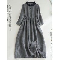 Artistic Plaid Long Sleeve Women's Linen Cotton Dress Shirt Midi Skirt Loose Waist Commute Style Autumn Season A-Line Dress