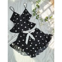 Cute Heart Print Pajamas for Women Set V Neck Top and Shorts Loungewear Sexy Fashion Women’s Sleepwear for Home