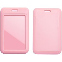 Pack of 2 Vertical ID Badge Holders Hard Plastic Card Cases with Clear ID Window for School, Office, Factory, Pink