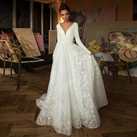 Customized Boho Lace Robe De Mariee Vestido de Novia V Neck Wedding Dresses Satin Long Sleeves Robe De Soiree Simple Bridal Gown