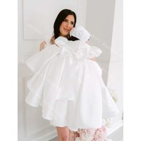 Baby Girls Baptism Dress Newborns Pearl Neck Puff Sleeves Christening Dress with Bow Custom Wedding Party Gowns for Flower Girls