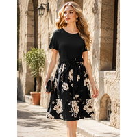 Women Summer Round Neck Short Sleeve Elegant Floral Print Tie Waist Casual Office Black A Line Swing Dress