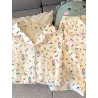 Adorable Rabbit Cartoon Pleated Sleepwear Long Sleeve Home Clothes Set for Women Sweet Floral Print Teenage Casual Style