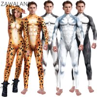 Zawaland Husky Wolf Leopard Jumpsuit Animal Cosplay Costume Men Zentai Suit Funny Disguise Wear Halloween Holiday Party Clothes