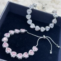 Fashion White Pink Heart Women Sterling Silver Bracelets Bangles for Girl Shinny Cut CZ Bridal Adjustable Bracelet Party Jewelry