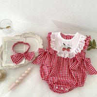Sommer Baby Mädchen Strampler + Stirnband Neugeborenen Rot Plaid Erdbeere Stickerei Sommer Onesies Kleidung Lässiger und vielseitiger Stil