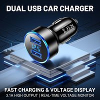 Dual USB Car Charger 3.1A Output with Blue LED Voltage Display ABS Shell Smart Adapter For Phone Tablet For iPhone 17 16 Pro Max