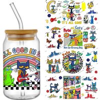 Cartoon Pete Cat UV DTF Cup Wrap 16OZ Transfer Printing Custom Stickers Waterproof DIY For Glass Tumbler Mugs