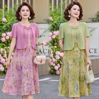 Summer Women's chiffon Floral Printed Fake Two Pieces Vestidos Ladies Casual Short Sleeve Midi Robe Femme Elegant Dress
