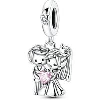 925 Sterling Silver Pink CZ Wedding Couple Bride Groom Charm Fit Women DIY Bracelet Necklace Fashion Jewelry Romantic Love Gift