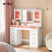 WOLTU Schminktisch mit RGB-Beleuchtung, 9 Schubladen, Kosmetiktisch mit 9 unterteilten Fächern, 2 Schränke für Schlafzimmer