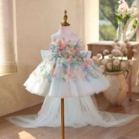 Girls Sky Blue Princess Tutu Dress Strapless 3D Flower Big Bow Detachable Train Cake Smash Birthday Wedding Flower Girl Party
