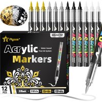 12-Pack (Gold, Silver, Black, White) Direct Liquid Acrylic Paint Markers, Paint Markers, Felt-Tip Pens Stationery Set, Art Drawing, DIY Crafts, Back-To-School Supplies, Suitable for Artists