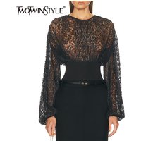 TWOTWINSTYLE Solid Slimming Sheer Spliced Mesh Sexy Blouses for Women Round Neck Long Sleeve Fashion Blouse Female Clothing New