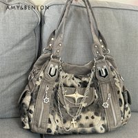 Original Leopard Print Subculture Retro Chain Handbags Y2k Spice Girl Large Capacity Tote Bag Goth Shoulder Messenger Bag Women