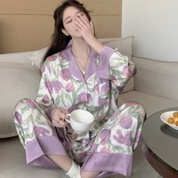 Women's Autumn Pajamas Women's Purple Tulip Sweet and Romantic Floral Homewear Ice Silk Set