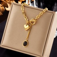 Yupsk New 316L Stainless Steel Heart Black Stone Pendant Necklace For Women Girls OT-Buckle Chain Versatile Jewelry Gifts