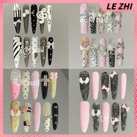 Sweet Cool Long Coffin Stilettos Handmade Wearable Fake Nails Flower Bowknot Wings Diamond Musical Notes Rivets Press On Nails