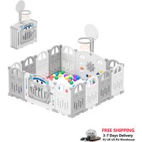 UBRAVOO Foldable Baby Playpen with Basketball Hoop & 50Pcs Coloured Pit Balls, Toddler and Baby Play pen fence, 14-Panel