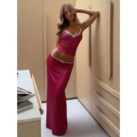 Kliou Lace Edge Design 2 Piece Set Woman Polka Dot Print Low-Neck Backless Crop Tops+Bow Elastic Waist Long Skirts Elegant Suits