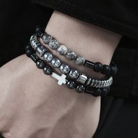 3PCS/Set INGX Man's Vintage Gray Map Stone Beads Bracelet Set for Men Hematite Jesus Cross Bracelet Men Prayer Jewelry