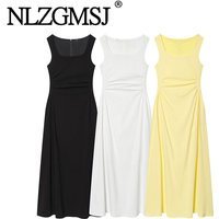 Nlzgmsj 2026 Summer New Arrival Ladies Sleeveless Square Neck Midi Dress Ruched Waist A-Line Dress Beach & Daily Wear