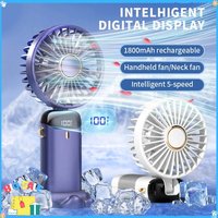 2026 New Mini Folding Portable Neck Hanging Fan with 5-speed USB Charging Fan with Phone Stand and Display 1800mAh