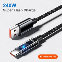 240W Cable Super Fast Charging USB to Type C Cable LED Digital Display QC 3.0 Data Cord For Samsung Xiaomi Phone Charger Cable