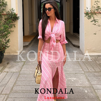 KONDALA Casual Pink Striped Women Suits Long Sleeve Loose Shirts Front Split Sheath Long Skirts Fashion 2026 Summer Beach Sets