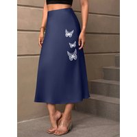 Vintage High Waist Flowy Midi Skirt, White Outline Butterfly Print A Line Mid-calf Skirt, Casual Ladies Daily Bottom Skirt