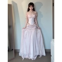Summer Pink One-Shoulder Fishbone Mesh Skirt Two-Piece Set Women's Beautiful Holiday Style Casual Fashion Ensemble