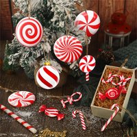 12PCS Wooden Christmas Candy Hanging Ornaments Red White Candy Tree Ornaments Christmas New Year Party Home Decoration
