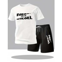 Men's Summer Fashionable Casual T-Shirt And Shorts Set Loose Chimney Pattern Printed Sporty Round-Neck Short-Sleeved Outfit